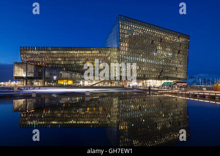 Harpa Concert Hall and conference centre illuminated at night in Reykjavik, Iceland Stock Photo