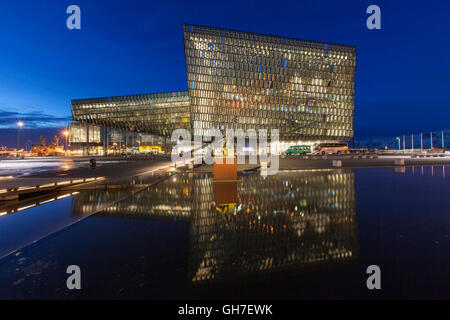 Harpa Concert Hall and conference centre illuminated at night in Reykjavik, Iceland Stock Photo