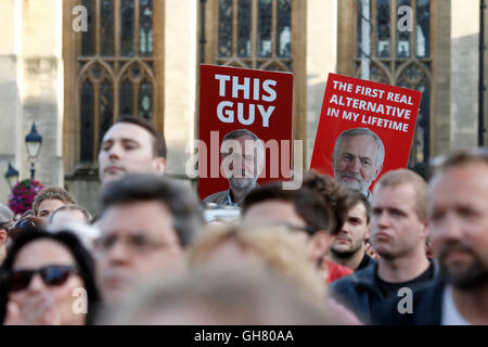 Bristol, UK, 8th August, 2016. Pro Jeremy Corbyn placards are pictured at a rally in College Green,Bristol. The rally was held so that Jeremy Corbyn could engage with Labour party members and explain to them the reasons why he should be re-elected leader of the Labour Party and how a Corbyn led government could transform Britain. Credit:  lynchpics/Alamy Live News Stock Photo