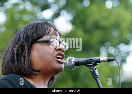 Bristol, UK, 8th August, 2016. Diane Abbott MP is pictured speaking to supporters at a rally in College Green,Bristol. The rally was held so that Jeremy Corbyn could engage with Labour party members and explain to them the reasons why he should be re-elected leader of the Labour Party and how a Corbyn led government could transform Britain. Credit:  lynchpics/Alamy Live News Stock Photo