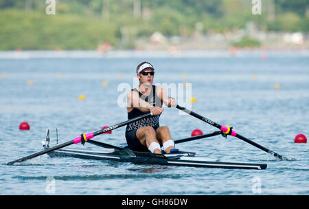 Rio de Janeiro, Brazil. 9th Aug, 2016. Mahe Drysdale, of New Zealand, competes in the men's quadruple sculls heat during the 2016 Summer Olympics in Rio de Janeiro, Brazil, Tuesday, August 9, 2016. Credit:  Vit Simanek/CTK Photo/Alamy Live News Stock Photo
