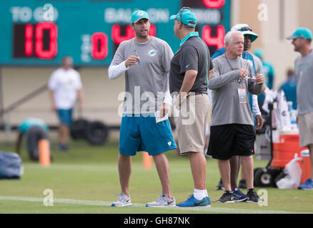 Davie, Florida, USA. 9th Aug, 2016. Miami Dolphins head coach Adam Gase talks with Mike Tannenbaum at Miami Dolphins training camp in Davie, Florida on August 9, 2016. © Allen Eyestone/The Palm Beach Post/ZUMA Wire/Alamy Live News Credit:  ZUMA Press Inc/Alamy Live News Stock Photo