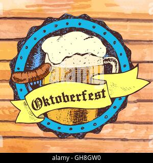 Oktoberfest vector illustration with beer mug, sausage, rhombus Stock Vector