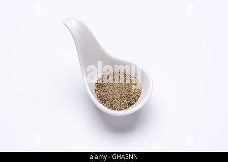 Monotone ground black pepper 1 tablespoon in a white spoon on the white background Stock Photo
