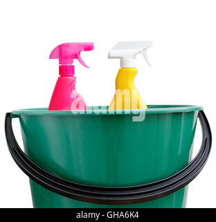 Detergents and cleaning products in bucket isolated on white background ...