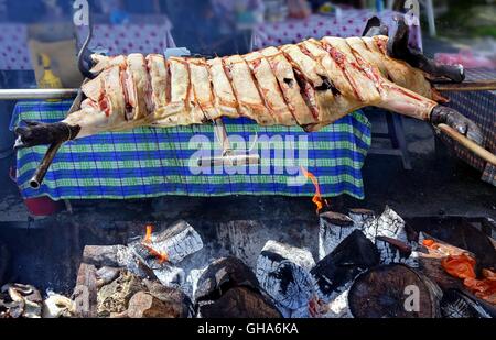 Traditional black-haired pig barbecue in Taiwan mountain village Stock Photo