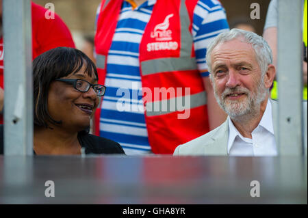 Labour Party leader Jeremy Corbyn and Diane Abbott as he waits to address his supporters on College Green in Bristol. Stock Photo