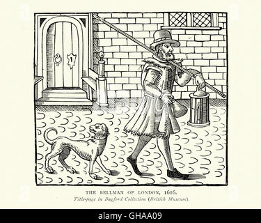 Woodcut showing a Bellman (Town crier) of London, early 17th Century Stock Photo