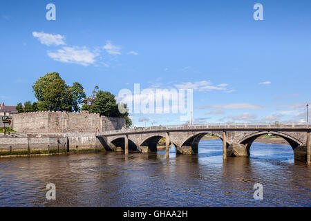 Road and foot bridges across the River Teifi, and town walls, Cardigan, Wales, UK Stock Photo