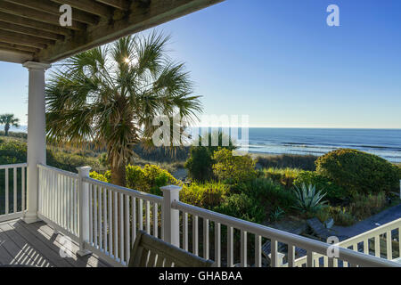 Outside Deck Patio With Sunshine & Palm Tree, Hilton Head Beach, South Carolina USA Stock Photo