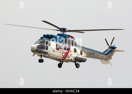 Heli-Union Eurocopter AS-332L1 Super Puma departing on a flight to an oil rig in the Mediterranean. Stock Photo