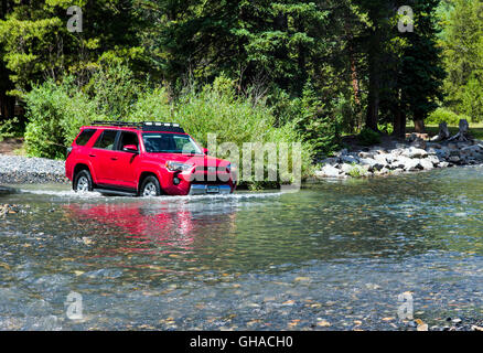 Red 2014 Toyota 4Runner Trail Premium on rough four wheel drive 4WD road, crossing Slate River, Crested Butte, Colorado, USA Stock Photo