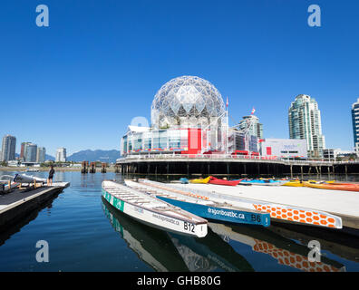 View of Science World at Telus World of Science and the Dragon Zone Paddling Club on False Creek in Vancouver, British Columbia, Canada. Stock Photo