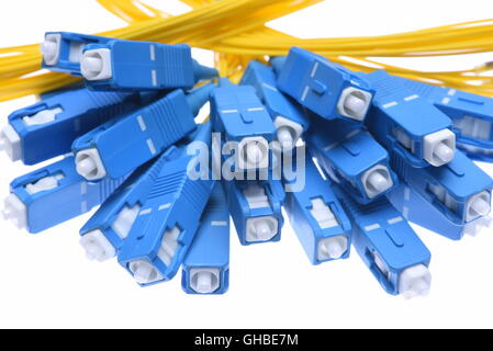 Fiber cables sc connectors closeup isolated on white background Stock Photo