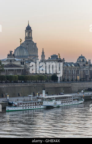 geography / travel, Germany, Saxony, Dresden, Frauenkirche (Church of Our Lady), art gallery in the Lipsius building & steamship in the evening, Additional-Rights-Clearance-Info-Not-Available Stock Photo