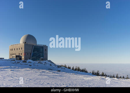 geography / travel, Germany, Saxony-Anhalt, Harz National Park, Brocken house on the snatch in the winter at atmospheric inversion, Additional-Rights-Clearance-Info-Not-Available Stock Photo