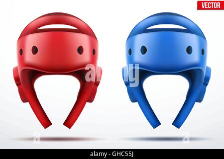 Set of Red and Blue Taekwondo helmets. Stock Vector