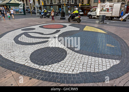 Joan Miro's Pla de l'Os mosaic in La Rambla in Barcelona, Spain Stock Photo