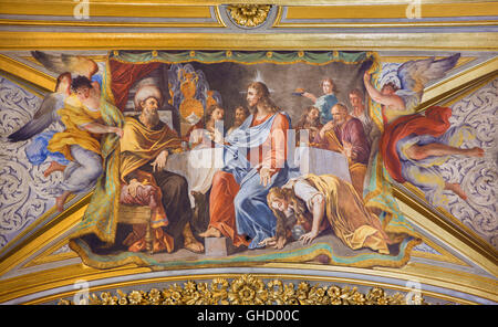 ROME, ITALY - MARCH 9, 2016: The detail of vault fresco Mary Washes Jesus's Feet in church Chiesa di Santa Maria Maddalena Stock Photo