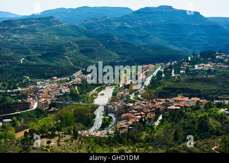 Aerial view of Monistrol de Montserrat town and surrounding countryside. Province of Barcelona, Catalonia. Spain Stock Photo