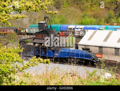 Preserved class A4 Pacific steam locomotive 'Sir Nigel Gresley' under the coaling tower at Grosmont shed. Stock Photo