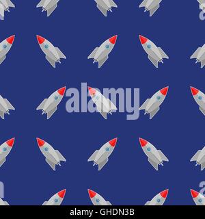 Space Rocket Flying on Blue Sky Seamless Pattern Stock Vector
