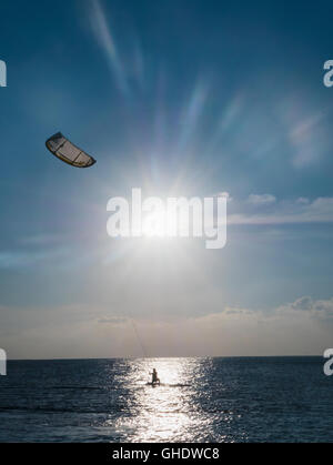 Parasailing on ocean under sunny blue sky Stock Photo