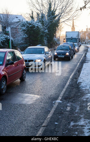 Traffic tailback. Rush hour traffic jam on a winter morning in Nottinghamshire, England, UK Stock Photo