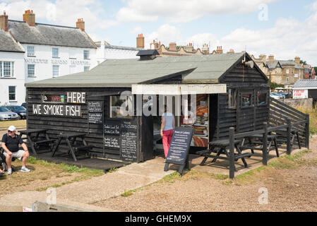 A fishermen's shed at Aldeburgh Suffolk UK selling fresh and smoked fish from the beach Stock Photo