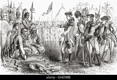 General Burgoyne recruiting the Indians as scouts prior to the Saratoga campaign in 1777.  General John Burgoyne, 1722 – 1792.  British army officer, politician and dramatist. Stock Photo