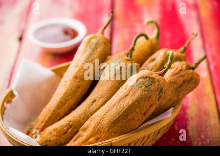 Chilli Pakora or mirch pakoda , An extremely delicious and mouth watering snack of Pakistani & Indian Pe Stock Photo