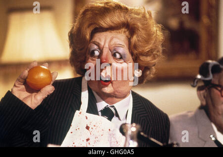 Spitting Image was a satirical puppet show that ran on the United Kingdom's television network from 1984 to 1996. Photo: British Prime Minister Margaret Thatcher, who was portrayed as a bullying, tyrant and man-woman in Spitting Image. Stock Photo