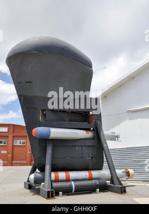 Submarine bow with torpedo tubes on display outside the Western Australian Maritime Museum in Fremantle, Western Australia. Stock Photo