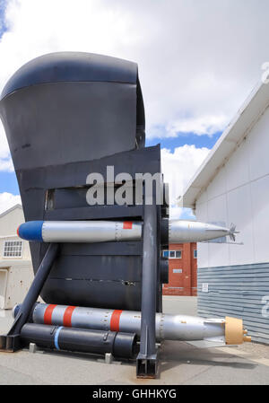 Submarine bow with torpedo tubes on display outside the Western Australian Maritime Museum in Fremantle, Western Australia. Stock Photo