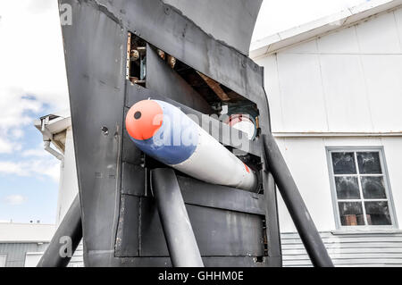 Submarine bow with torpedo tubes on display outside the Western Australian Maritime Museum in Fremantle, Western Australia. Stock Photo