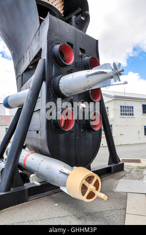 Submarine bow with torpedo tubes on display outside the Western Australian Maritime Museum in Fremantle, Western Australia. Stock Photo