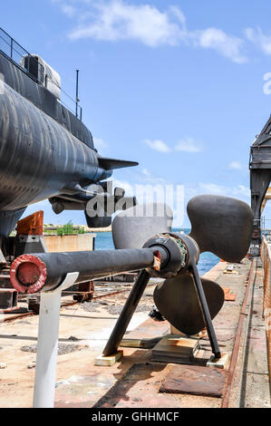 HMAS Ovens Oberon class submarine on display outside the Western Australia Maritime Museum in Fremantle, Western Australia. Stock Photo