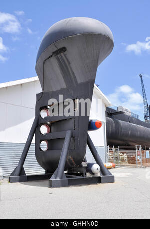 Submarine bow with torpedo tubes on display outside the Western Australian Maritime Museum in Fremantle, Western Australia. Stock Photo