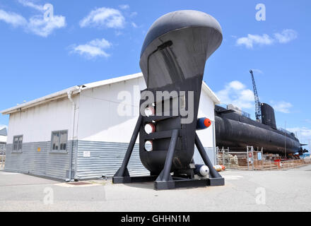 Submarine bow with torpedo tubes on display outside the Western Australian Maritime Museum in Fremantle, Western Australia. Stock Photo