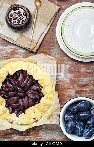 Rustic pie with autumn plum.The view from the top Stock Photo
