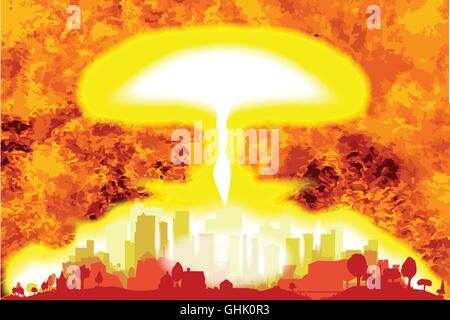A hydrogen bomb blast in a modern city with a flames background Stock Vector