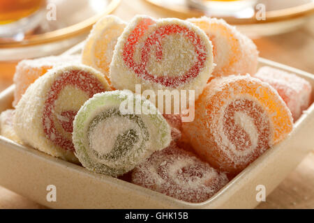 Traditional Turkish delight with tea Stock Photo