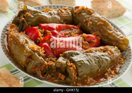 Traditional Moroccan dish with stuffed bell peppers and rice Stock Photo