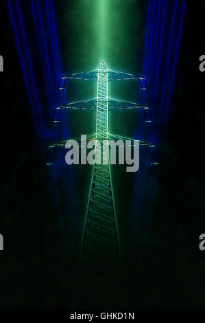 Digitally enhanced image of high voltage power lines and pylon Stock ...