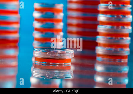 Stack of petri dishes on blue background Stock Photo