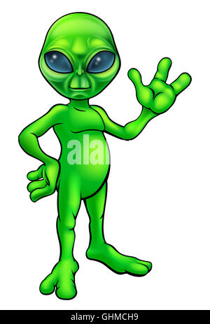 A little green man alien cartoon character waving Stock Photo