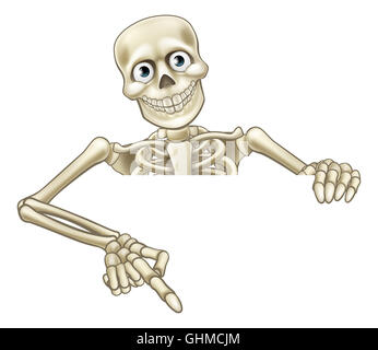 A skeleton cartoon character peeping over a sign and pointing down at it Stock Photo