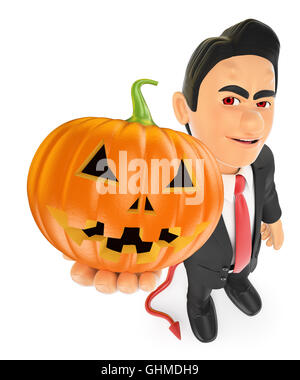 3d halloween people illustration. Funny monster. Devil with a big pumpkin. Isolated white background. Stock Photo