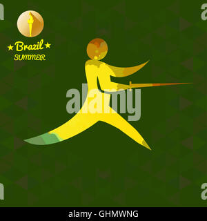 Brazil summer sport card with an yellow abstract fencer. Digital vector image Stock Photo