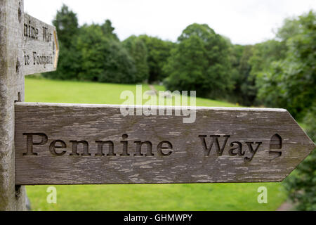 Signs for the Pennine Way near Bellingham in Northumberland, England. The footpath runs through the rural north of the country. Stock Photo